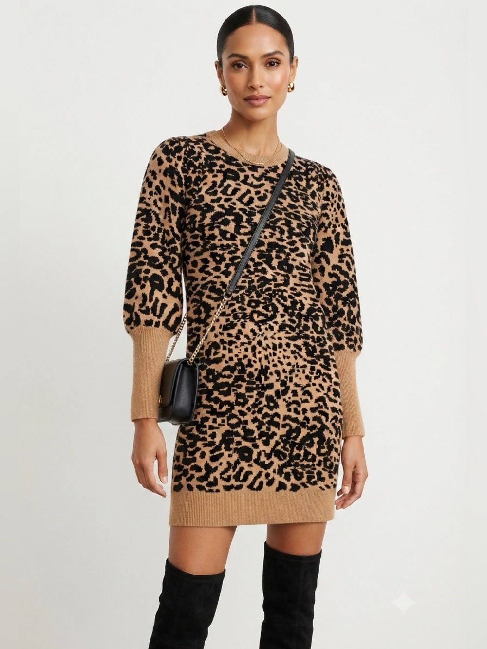Loft NWT Leopard Print Sweater Dress Tan Black Knit Long Sleeve